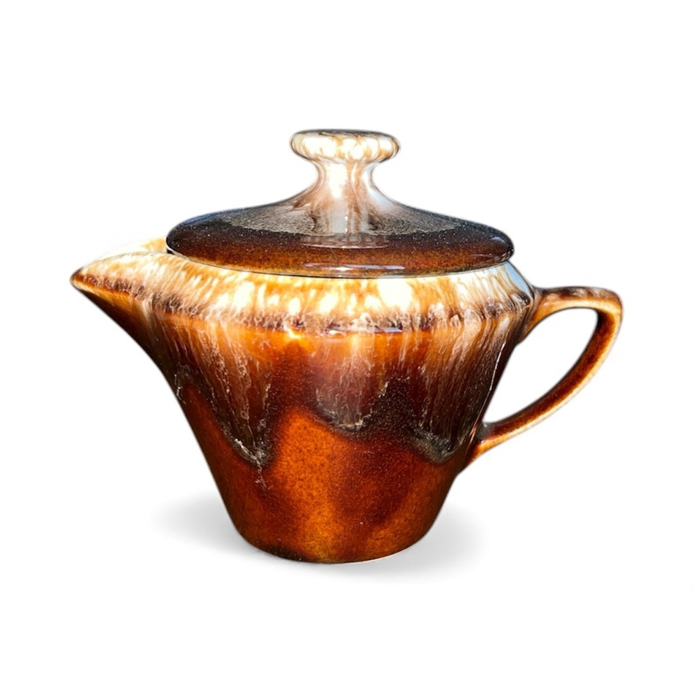 Vintage Brown Drip glazed pottery creamer with lid marked USA on bottom